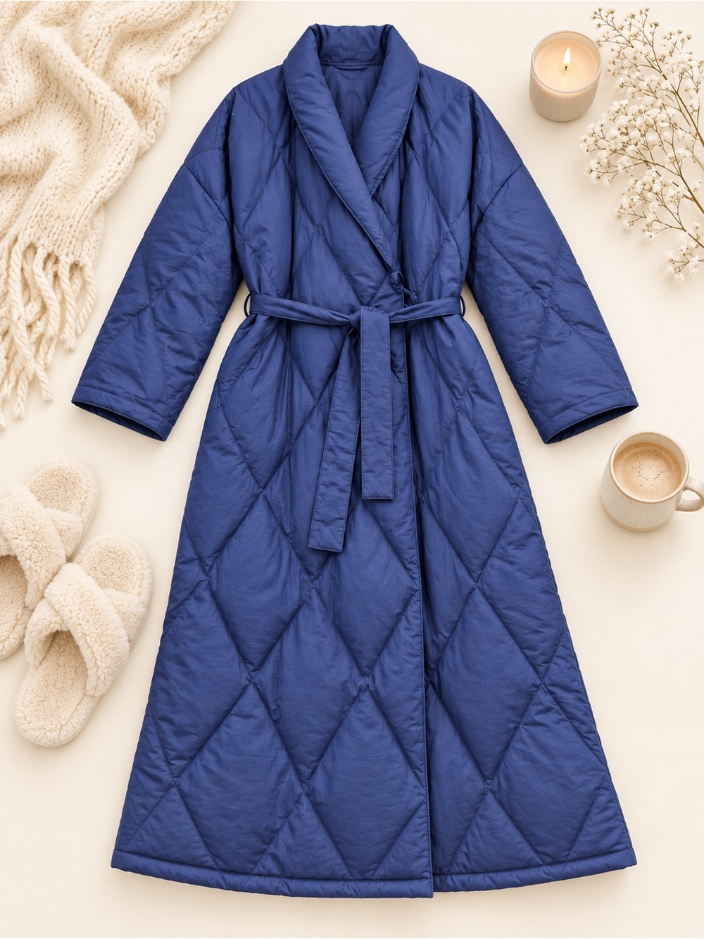 Warm Things Vintage Blue Down Quilted Robe Women’s M Cotton Long Belted